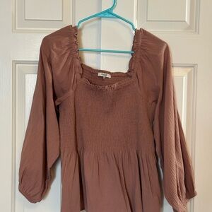 Madewell Brown Smocked 3/4 Sleeve Blouse